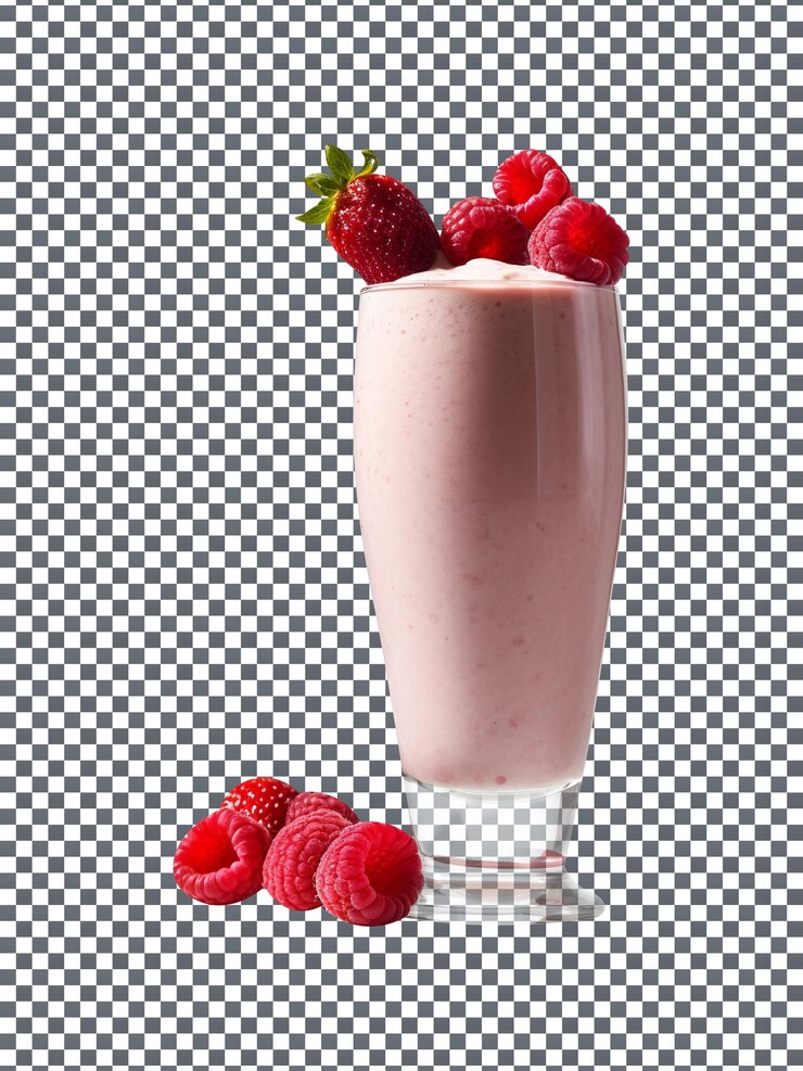PSD fresh raspberry and peach smoothie in glass isolated on transparent background