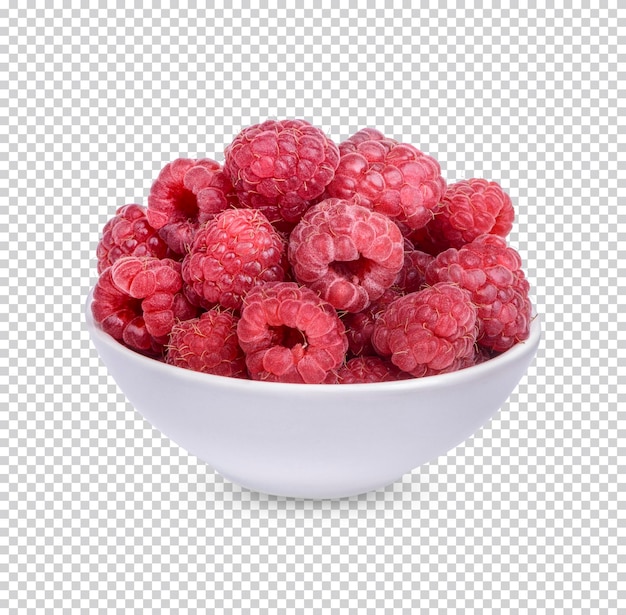 PSD fresh raspberry in a white cup with leaves isolated premium psd