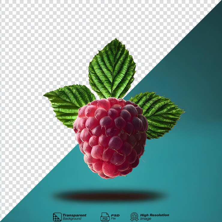PSD fresh raspberry with leaves isolated on transparent background