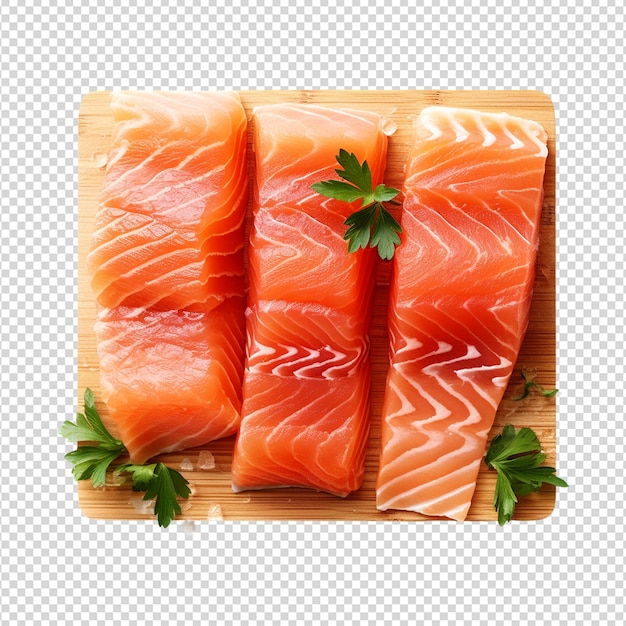 PSD fresh raw salmon pieces on wooden board with transparent white background