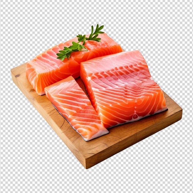 PSD fresh raw salmon pieces on wooden board with transparent white background