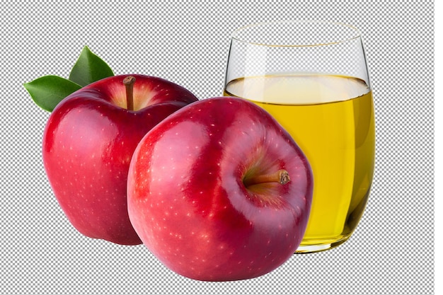 PSD fresh red apple fruit and a glass of apple juice isolated a transparent background