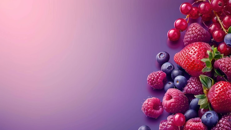 PSD fresh red and blue berries strawberries raspberries blueberries and red currants on purple background with copy space