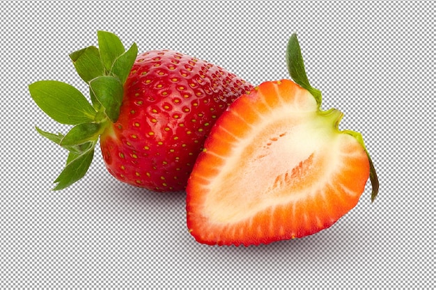 Fresh red strawberries and green leaves on an alpha background