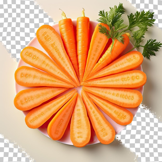 PSD Свежие созревшие кусочки моркови, изолированные на прозрачном фоне, видны сверху