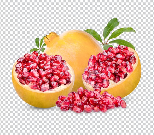 Fresh ripe pomegranate with leaves isolated