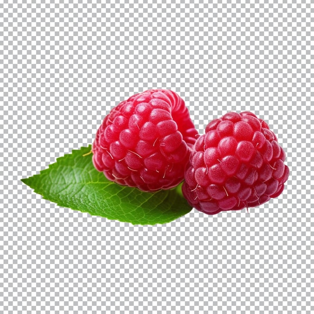 Fresh ripe raspberries with leaves isolated on transparent background