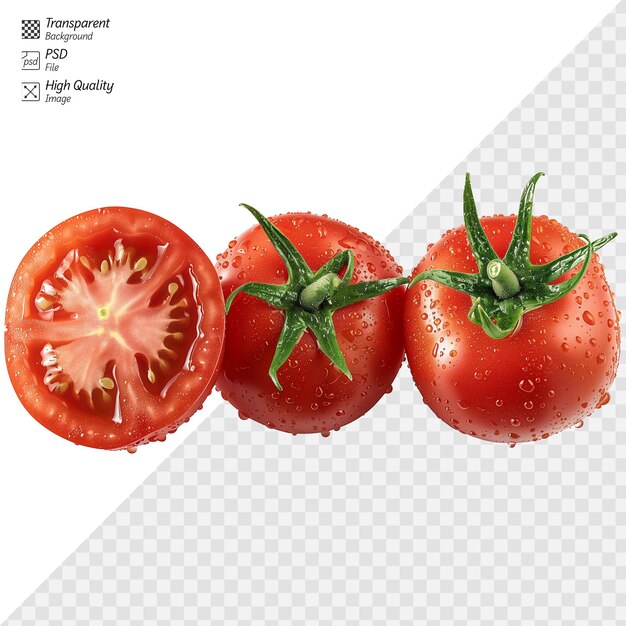 Fresh ripe tomatoes with water droplets on transparent background