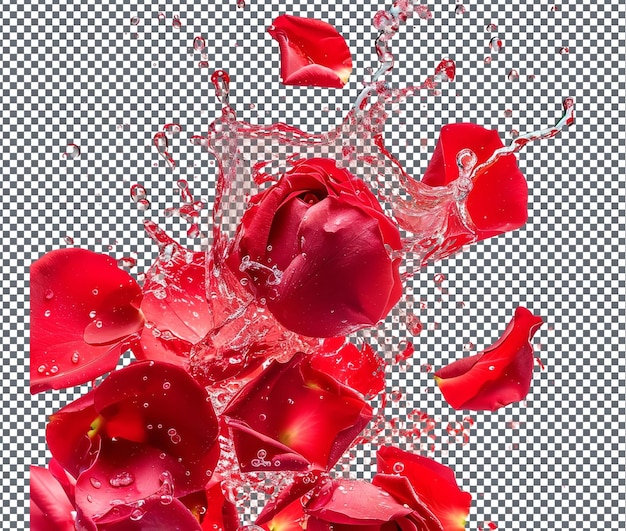 PSD 透明な背景に隔離された新鮮なバラの花びらに浸された体のスプラッシュ