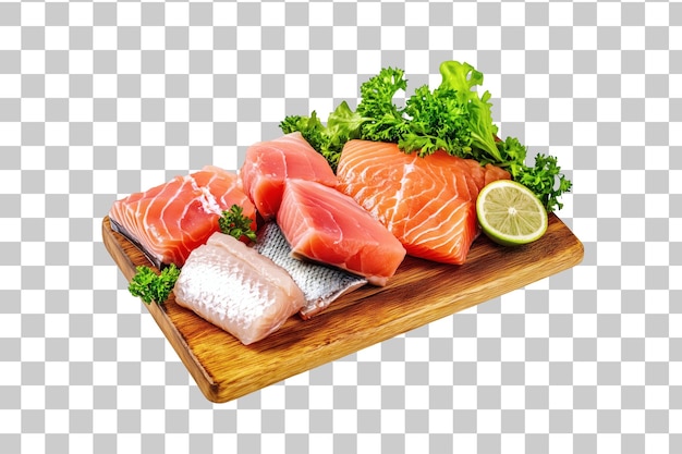fresh salmon fillets cod and herbs on wooden board
