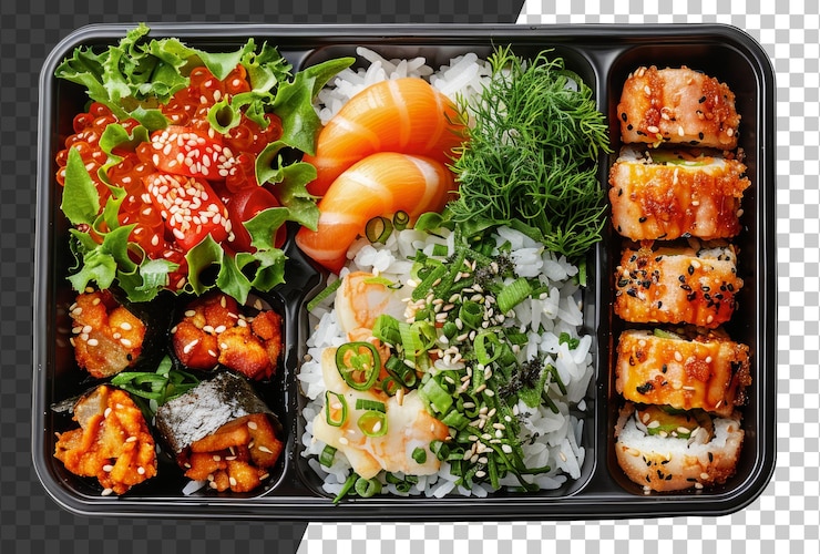 PSD fresh salmon sushi assortment in a portable bento cut out stock png