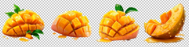 PSD fresh sliced mangoes with juice droplets on transparent background