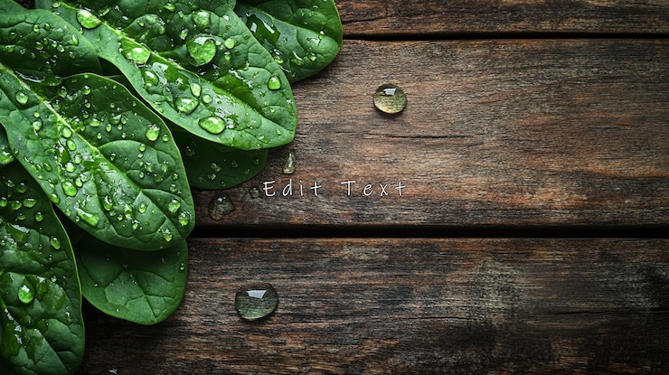 PSD fresh spinach leaves with water drops on rustic wood