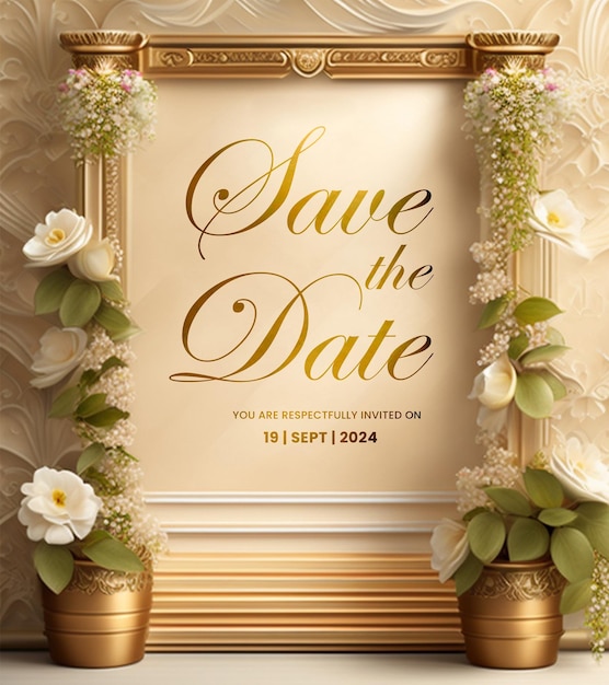 PSD fresh spring blossom save the date circular wedding inviteelegant pillared archway floral save the d