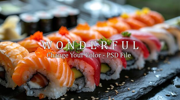 fresh sushi rolls on a slate plate