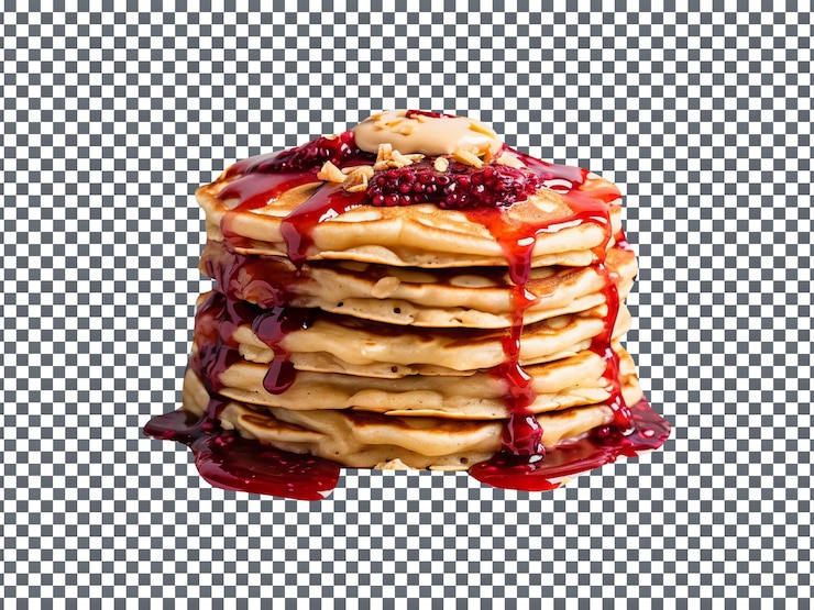 PSD fresh tasty berries syrup pancakes stacked isolated transparent background