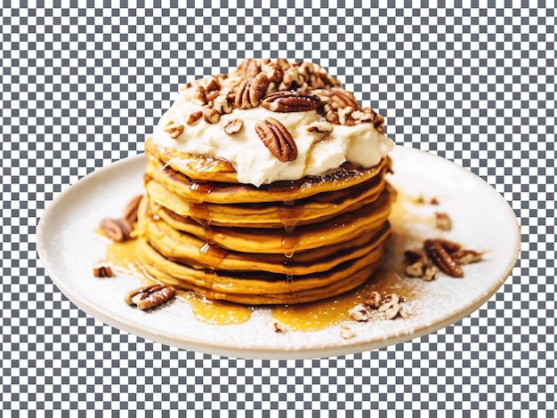 PSD fresh tasty pumpkin pecan nuts pancakes stacked and isolated on a transparent background