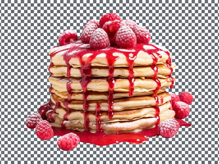 PSD fresh tasty raspberry pancakes stacked isolated on transparent background