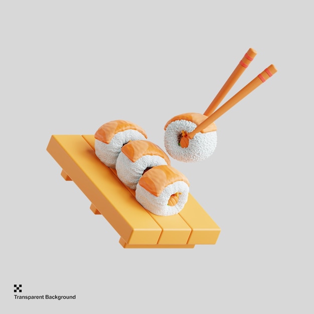 Fresh tasty sushi with salmon in wooden chopsticks 3d rendering illustration