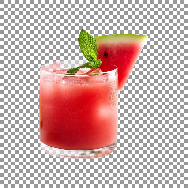 PSD fresh tasty watermelon juice glass with ice on transparent background