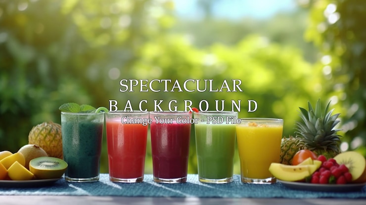 PSD fresh tropical juices in glasses with fruits on outdoor table