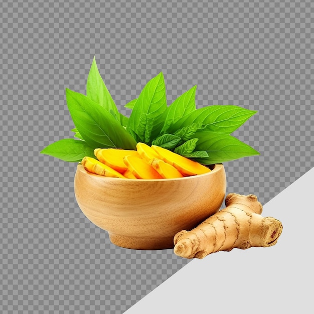 PSD fresh turmeric with leaves png isolated on transparent background