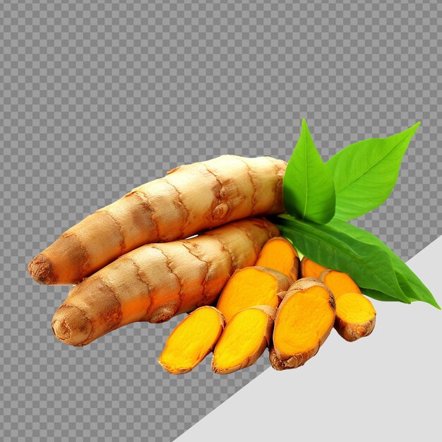 Fresh turmeric with leaves png isolated on transparent background