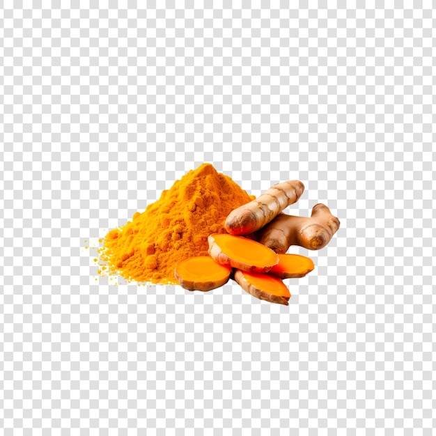 PSD fresh turmeric with powder with leaves isolated on a transparent background