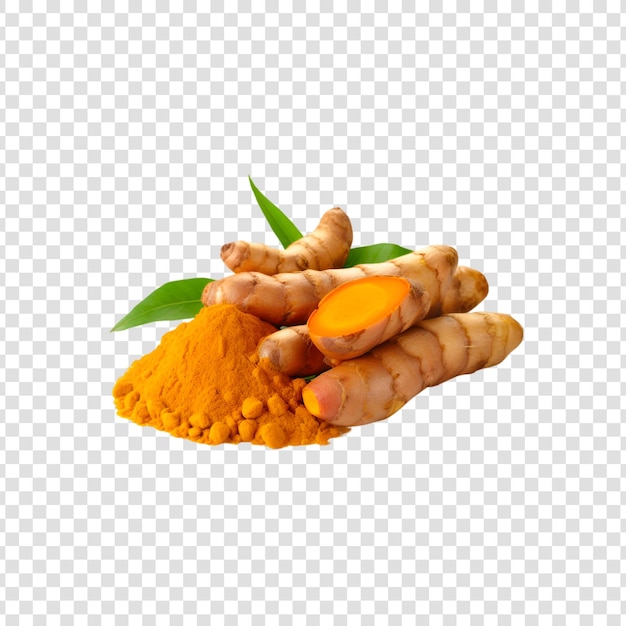 PSD fresh turmeric with powder with leaves isolated on a transparent background