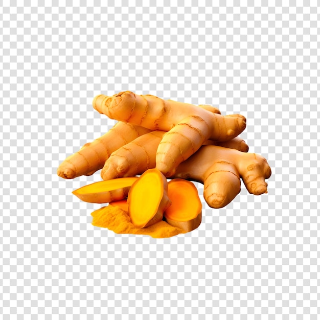 PSD fresh turmeric with powder with leaves isolated on a transparent background