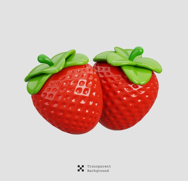 PSD Свежие две клубники с зелеными листьями изолированы икона фруктов мультфильма 3d render иллюстрация