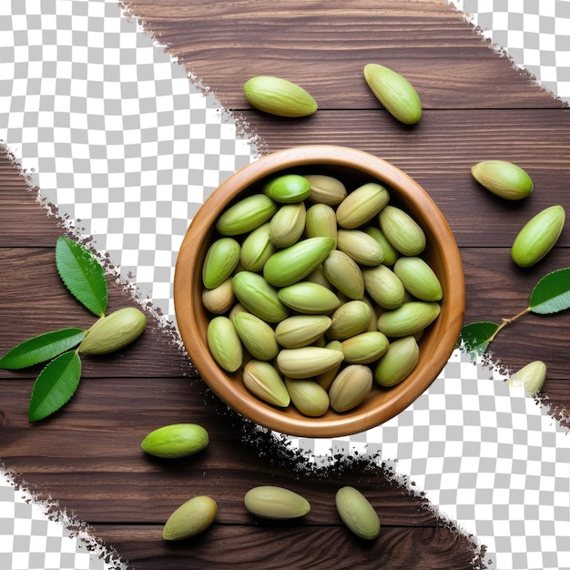 Fresh unripe almonds on rustic wooden table with blurred transparent background top view concept