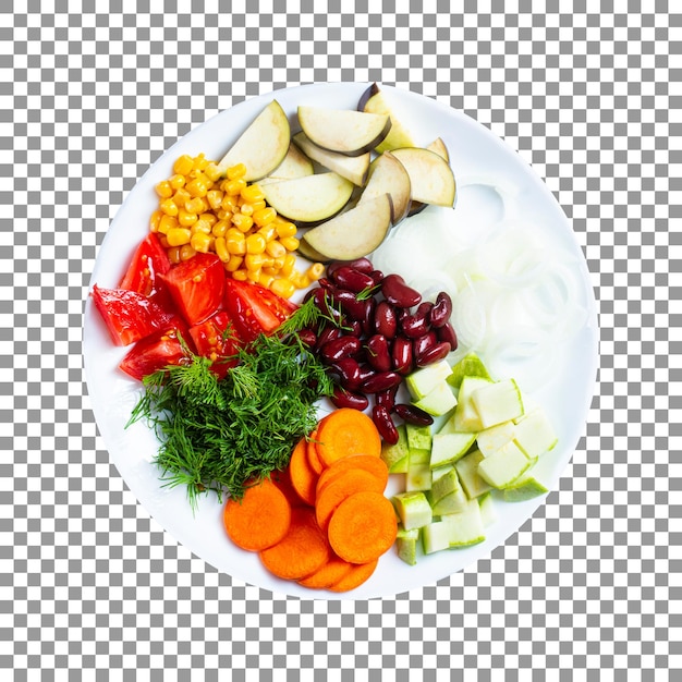 fresh vegetable slices on a white plate with transparent background