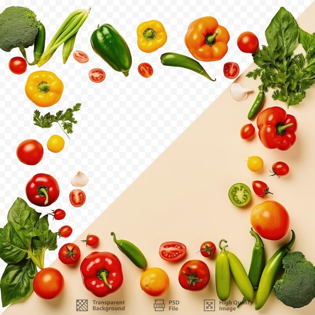 Fresh vegetables arranged in a square frame on a transparent background with tomatoes peppers and green leaves