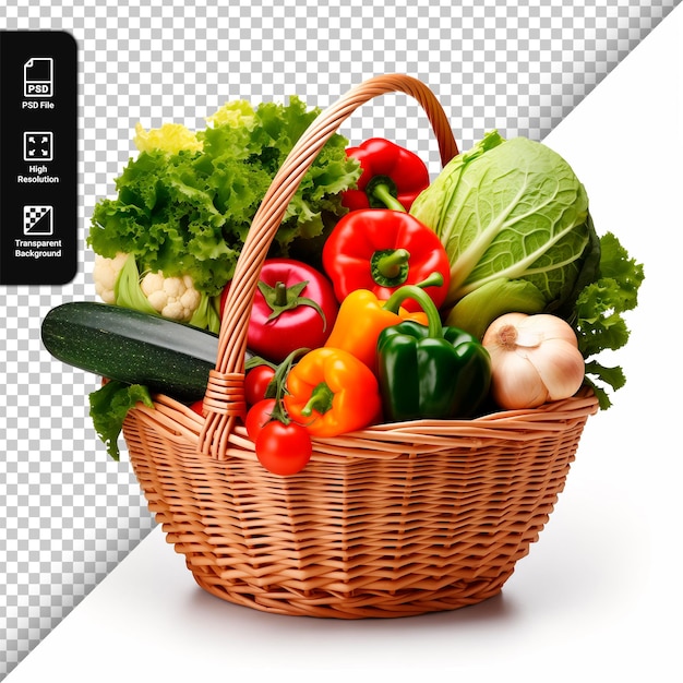 PSD fresh vegetables in basket isolated on transparent background