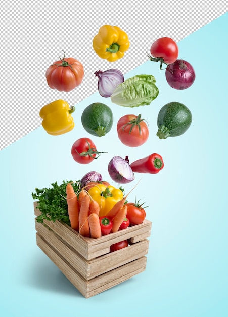 PSD fresh vegetables flying in a wooden box isolated