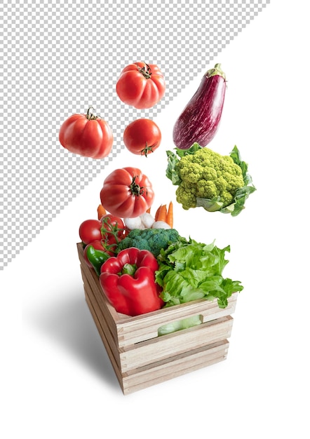 PSD fresh vegetables flying in a wooden box mockup