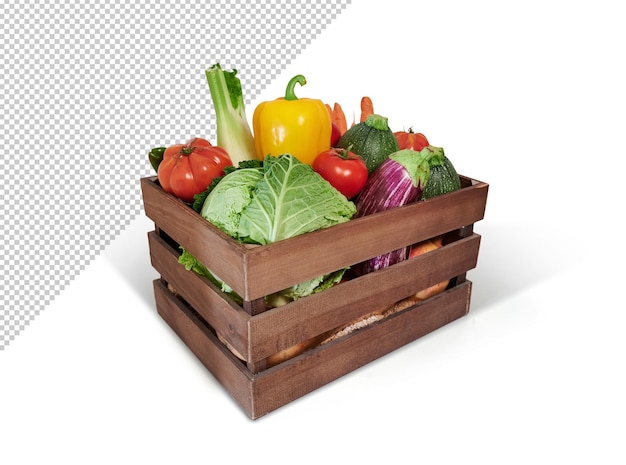 PSD Свежие овощи в деревянном ящике, макет