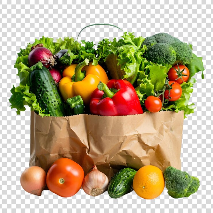 PSD fresh vegetables in a paper bag isolated on a transparent background
