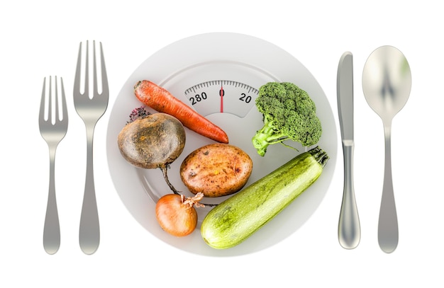 fresh vegetables on the plate with weight scale diet meal concept 3d rendering isolated on transparent background