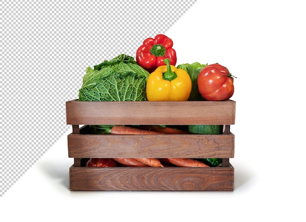 PSD verdure fresche in una scatola di legno, mockup