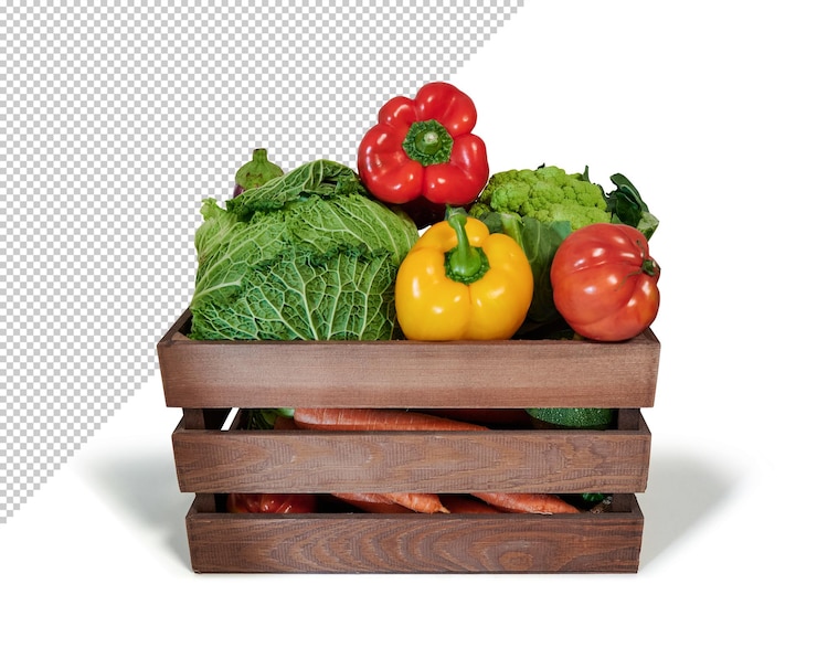 PSD fresh vegetables in a wooden box, mockup