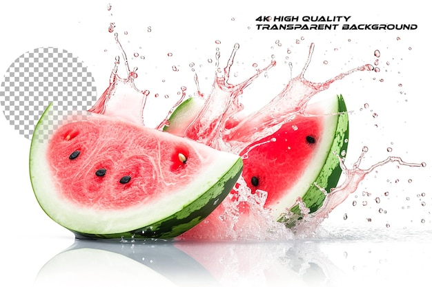 PSD melone d'acqua fresco tagliato a metà con spruzzo di succo di latte su uno sfondo trasparente 4223