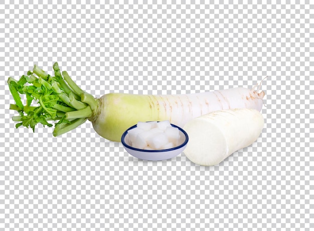 PSD fresh white radish with slices in bowl isolated on white background premium psd.