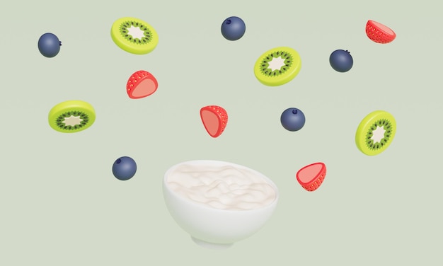 Fresh Yogurt Bowl with Strawberry Blueberry Kiwi 3D Rendering
