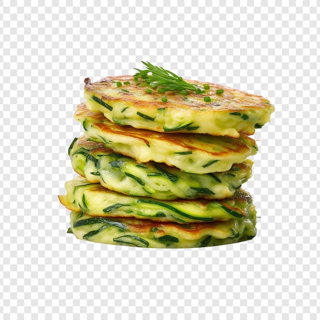 Pancake di zucchine fresche accatastate su uno sfondo trasparente