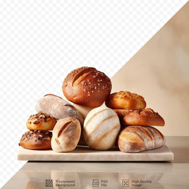 Freshly baked breads on a marble countertop