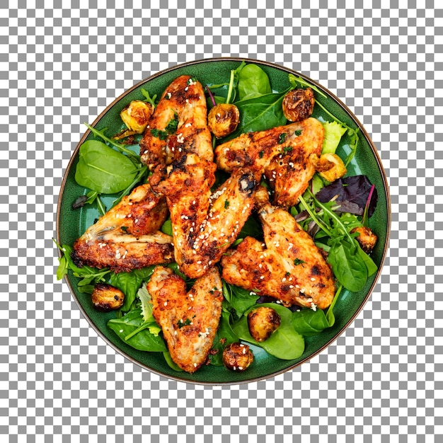 PSD freshly baked chicken wings with spinach on transparent background