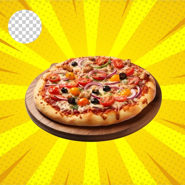 Freshly baked delicious pizza with a cut slice isolated on transparent background