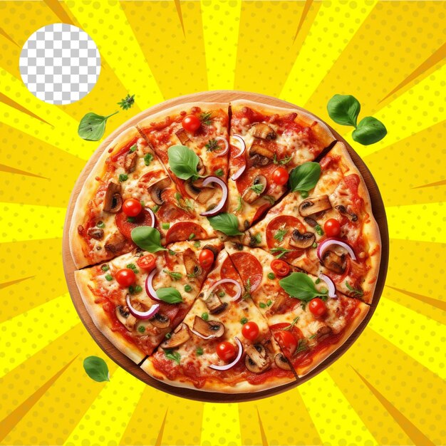 Freshly baked delicious pizza with a cut slice isolated on transparent background